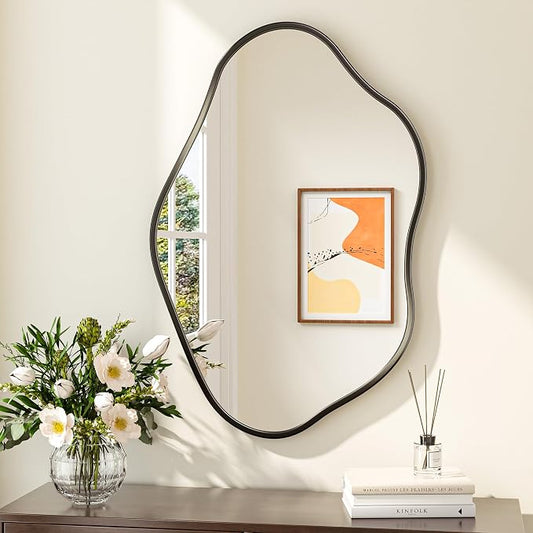 Keonjinn Black Irregular Mirrors for Wall 24" x 36" Inch, Asymmetrical Metal Frame, Tempered Glass Decorative Mirror for Bathroom, Bedroom, Living Room, Entryway(Horizontal/Vertical)