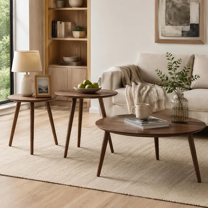 Small Oval Nesting Table, Mid Century Coffee Tables for Living Room,Solid Oak Wood Side Table,Triangle Tabletop with 3 Legs,Minimalist Display End Tables (Walnut Color, 3 Pieces)