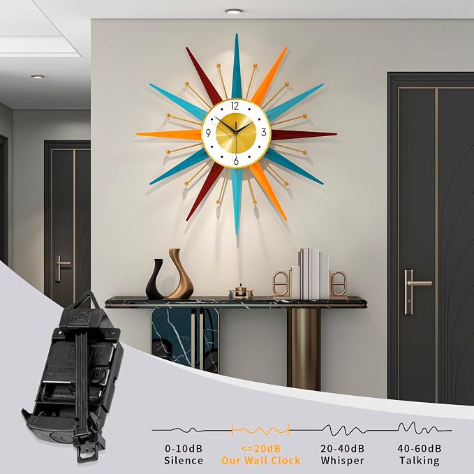 Large Starburst Wall Clock for Living Room Decor 24 Inch Metal Decorative Mid Century Wall Clcok Big Modern Silent Quality Quartz Clock Battery Operated Non Ticking for Kitchen Office Bedroom