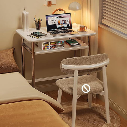 Mid-Century Modern Solid Wood Writing Desk Compact Home Office Workstation with Storage Shelf & Stainless Steel Legs Ideal Computer Desk for Small Spaces & Bedrooms