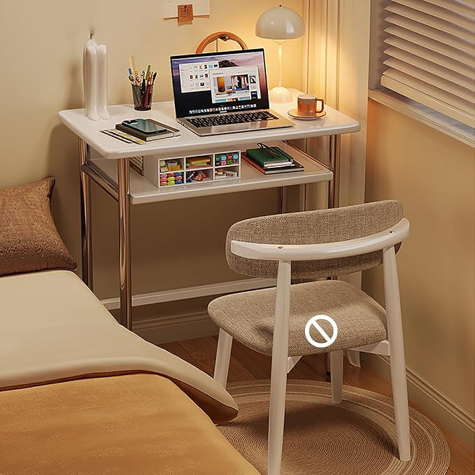 Mid-Century Modern Solid Wood Writing Desk Compact Home Office Workstation with Storage Shelf Stainless Steel Legs Ideal for Small Spaces (90x45x75cm White)