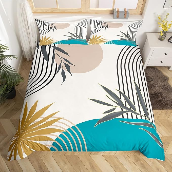 Erosebridal Beige Teal Black Comforter Cover King for Kids Teens Adults,Abstract Geometric Duvet Cover,Botanical Plant Leaves Bedding Set,Minimalist Aesthetic Bed Set 3 Pcs Bedroom Decor