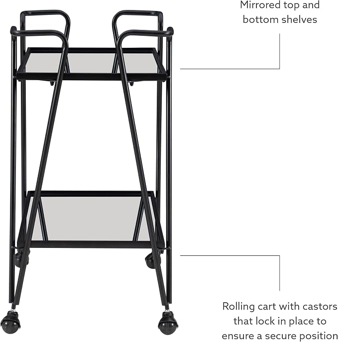 Linon Gina Black Mid Century Bar Cart with Mirrored Shelves