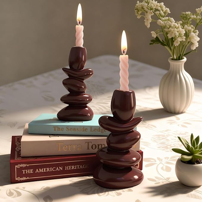 Faux Pebble Candlestick Holders, Set of 2 Taper Candle Holders Modern Farmhouse Candle Stick Holders for Home Decor Table Centerpieces,Fits 0.87'' Thick Candles (Coffee Brown)