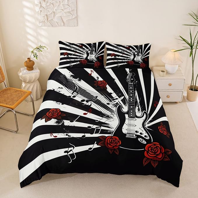 Erosebridal Guitar Comforter Cover King Rock Roll Vintage Room Decor Bedding Set Abstract Striped Musical Notes Duvet Cover,Rose Floral Punk Music Bed Set