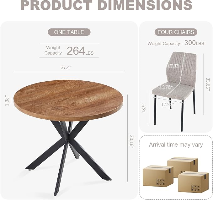 37" Round Dining Table Set for 4, Mid Century Modern Small Coffee Set for Dining Room Kitchen Apartment (Walnut Table + 4 Linen Fabric Light Brown Chairs)