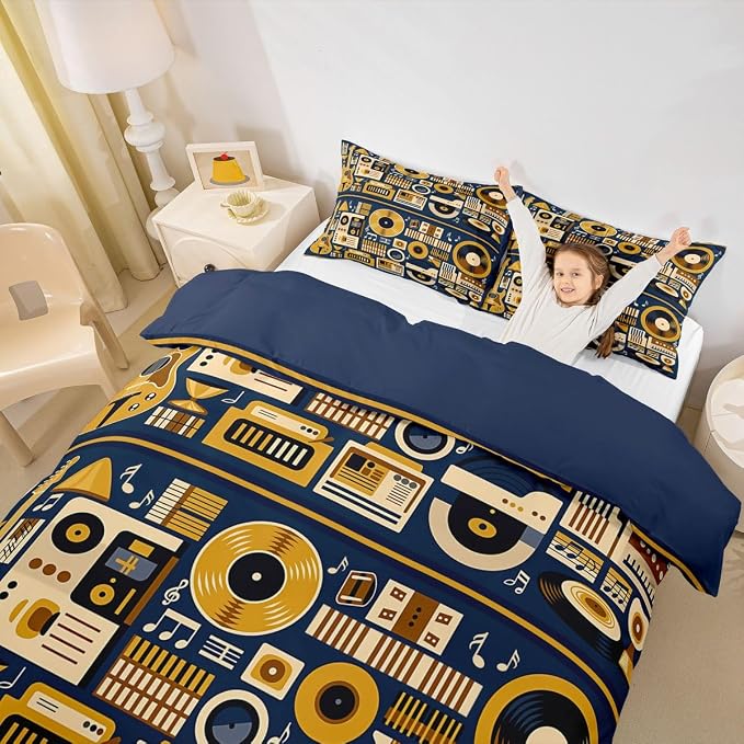 Erosebridal Retro Music Comforter Cover King for Boys Men - Vinyl Record Rock Roll Bedding Set Musical Notes Instrument Duvet Cover,Modern Vintage Music Art Bed Set