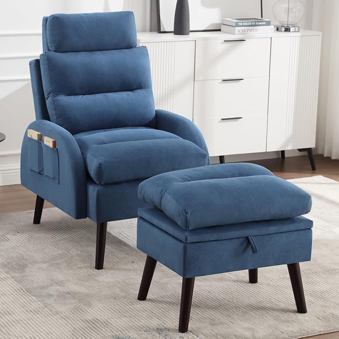 HCHAIRH Accent Chair with Ottoman, Velvet Comfy Reading Chair and Ottoman Set, Modern Oversized Velvet Lounge Sleeper Armchair with Adjustable Backrest for Living Room Bedroom, Blue