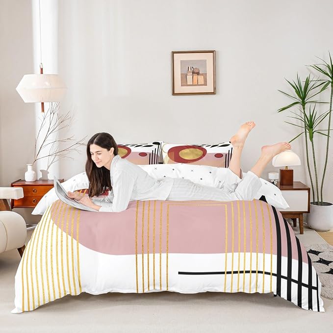 Erosebridal Pink Abstract Boho Duvet Cover Toddler Size Mid Century Modern Comforter Cover Minimalist Aesthetic Neutral Bedding Set Botanical Leaves Simple Bed Set