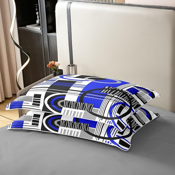 Erosebridal Art Deco Mid Century Duvet Cover Set Retro Modern Abstract Geometric 100% Cotton Comforter Cover Black and White Navy Blue Circles Stripes King Bedding Set, Contemporary Bed Sets