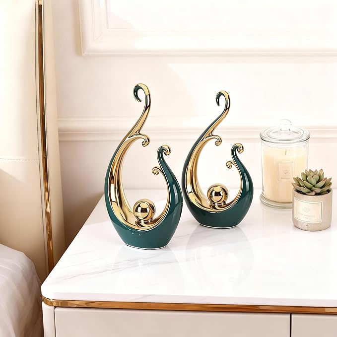 DOVDOV Green and Gold Home Decor, Abstract Ceramic 2-Piece Sculpture Set, Modern mid-Century Art Statues, Perfect for Accent Tables, countertops, Coffee Tables, and entryway Decor.