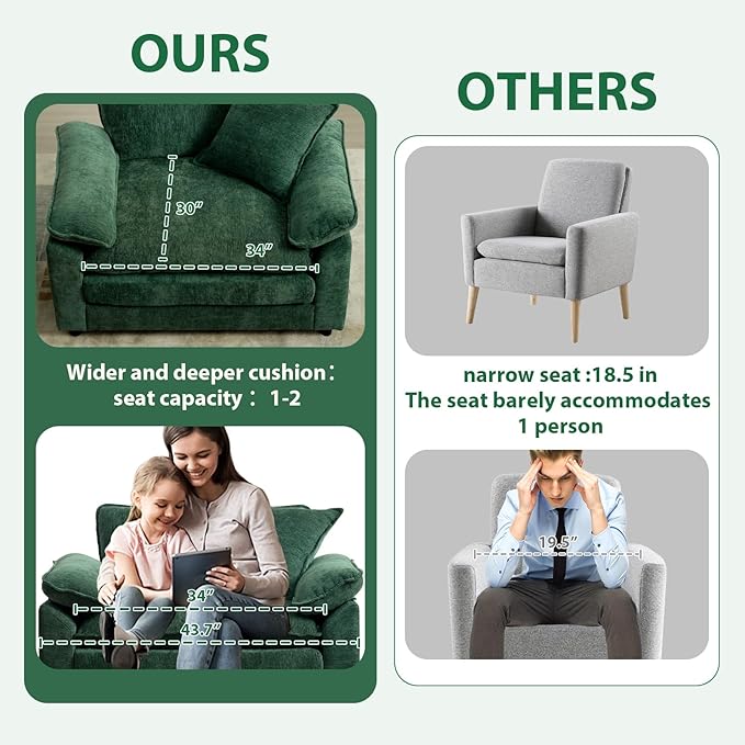 Green Modern Oversized Chair Set of 2, Comfy Chenille Accent Chair Large Upholstered Armchair with Extra Thick and Deep Seat Lounge Chair for Living Room,Bedroom,Apartment
