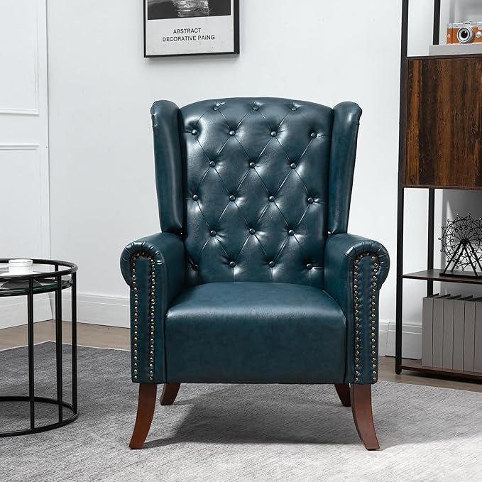 MOJAY Modern PU Leather Accent Chairs Set of 2, Mid-Century Living Room Chairs Upholstered Club Arm Chair, Single Sofa Chair with Solid Wooden Legs for Bedroom Study Home Office Reception (DarkBlue)