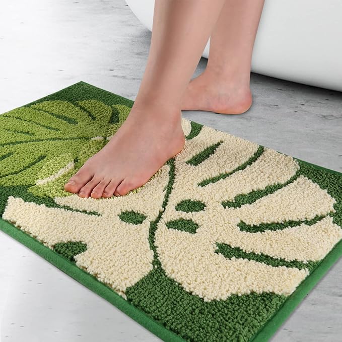 Hi Space Bathroom Rugs 24x16IN Blue Leaves Bath Mat for Bathroom Non Slip Machine Washable Soft Microfiber Absorbent Cute Bath Rug Plush for Tub Shower Sink Fluffy Home Decor Accessories