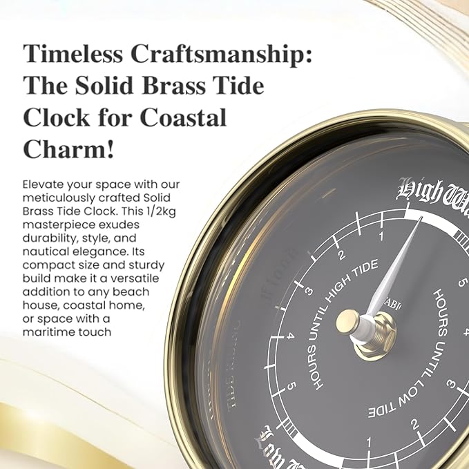 Tide Wall Clock with Jet Black Dial - Exquisite Handcrafted Nautical Timepiece for Beach Enthusiasts - Traditional Marine Design, Heavy 1/2kg Brass Case - Handmade in England
