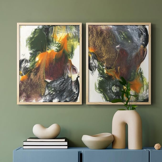 Renditions Gallery Set of 2 Peel & Stick Framed Prints, Watercolor Abstract Wall Art, Colorful Fluid Design Wall Decor, Re-Stickable - Ready to Hang - 16"x20" - NATURAL WOOD Frame LT588