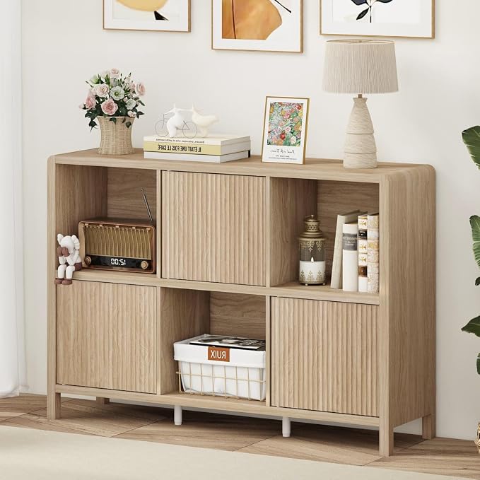 FATORRI 6 Cube Horizontal Bookshelf with 3 Doors, Modern Wood Book Shelf with Storage, Low Cubby Bookcase for Home Office (Light Walnut)