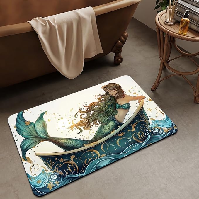 Bath Mat Rug,Beautiful Mermaid Non Slip Quick Dry Super Absorbent Thin Bathroom Rugs Fit Under Door-Easy to Clean Bathroom Floor Mats-Shower Rug for Shower Sink Bathtub(16" x 24"in)