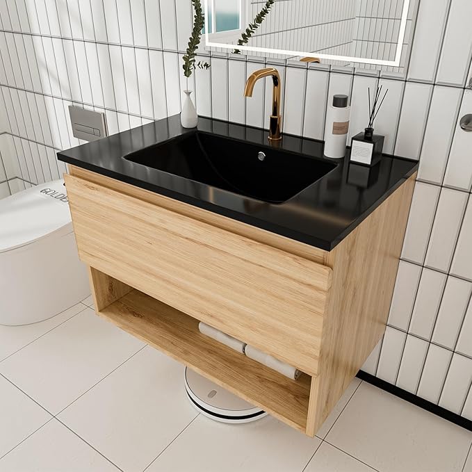 30 inch 3D Carved Bathroom Vanity with Open Compartment, Floating Cabinet with Hidden Soft-Close Slide Rails,with Ceramic Basin,Single Shelve,Mid Century Modern (Yellow Oak/Black Sink)
