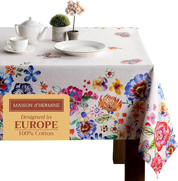 Maison d' Hermine Table Cloth Square Table 100% Cotton 54 x 54 Inches Tablecloth Reusable Decorative for Dining Room Farmhouse Home Valentines Day Decorations Spring Summer- Happy Florals -High Summer