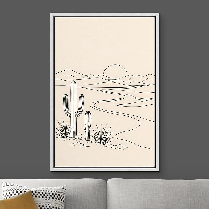 Woodrose Framed Canvas Print Wall Art Minimalist Desert Landscape Line Illustrations Modern Art Minimalist 3D Colorful Ultra for Living Room, Bedroom, Office - 16"x24" WHITE