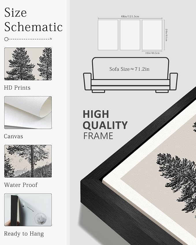 KUVIOKE Vintage Tree Framed Canvas Wall Art Black and White Retro Antique Forest Drawings Nature Wilderness Sketch Wall Painting Modern Decor 16x24in (Black Framed)