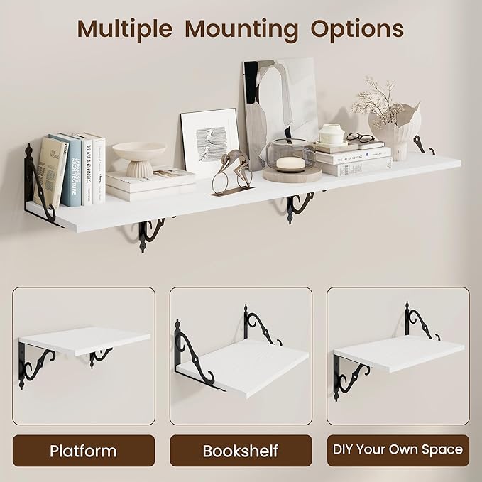 RICHFOCUS 12 Inch Deep Floating Shelves for Wall, 16" W x 12" D Wood Wall Shelves Set of 2, Wide Floating Shelves for Living Room, Bedroom, Kitchen, Bathroom and Decor Storage, White