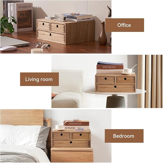 KIRIGEN Solid Wood Desktop Organizer with 3 Drawers - Multi-Layer Office Supplies Storage Rack for Documents, Stationery, Jewelry - Natural Wooden Desk Shelf Organizer Brown WJG23-DBR
