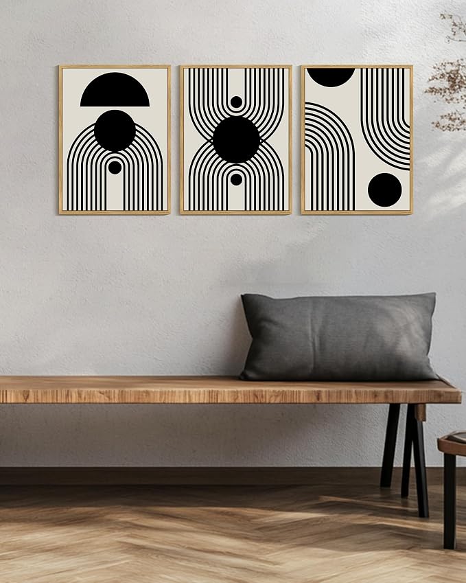Drsoum Black Abstract Boho Wall Art Framed Modern Bohemian Wall Decor Geometry Lines Prints Ready to Hang 12x16in Natural Framed
