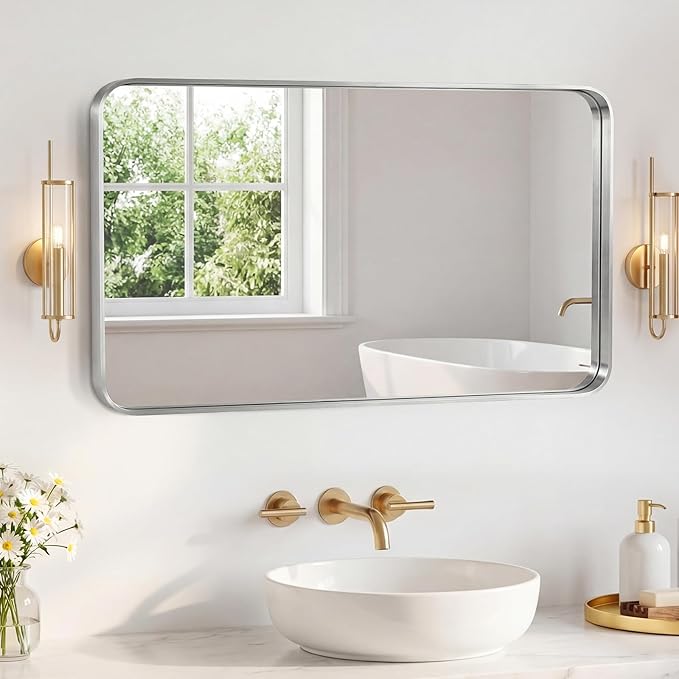 NEWBULIG 30X48 Inch Bathroom Mirror for Over Sink, Wall Vanity Mirrors Tempered Glass, Anti-Rust Metal Framed Rounded Rectangle, Hangs Horizontally or Vertically, Farmhouse Home Decor, Silvery