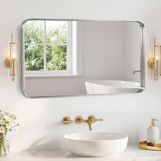 NEWBULIG 30X48 Inch Bathroom Mirror for Over Sink, Wall Vanity Mirrors Tempered Glass, Anti-Rust Metal Framed Rounded Rectangle, Hangs Horizontally or Vertically, Farmhouse Home Decor, Silvery
