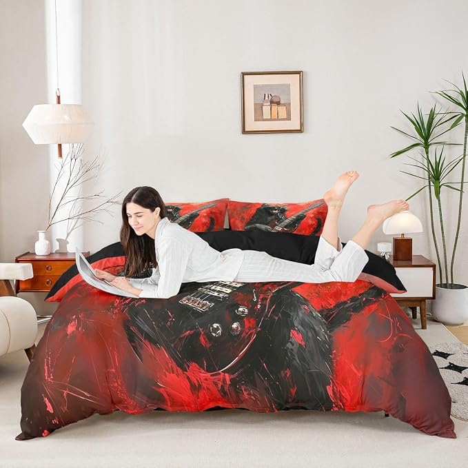 Erosebridal Rock Music Duvet Cover Queen Rock Black Cat Guitar Bedding Set Punk Music Lovers Room Decor Comforter Cover,Trendy Oil Painting Bed Set