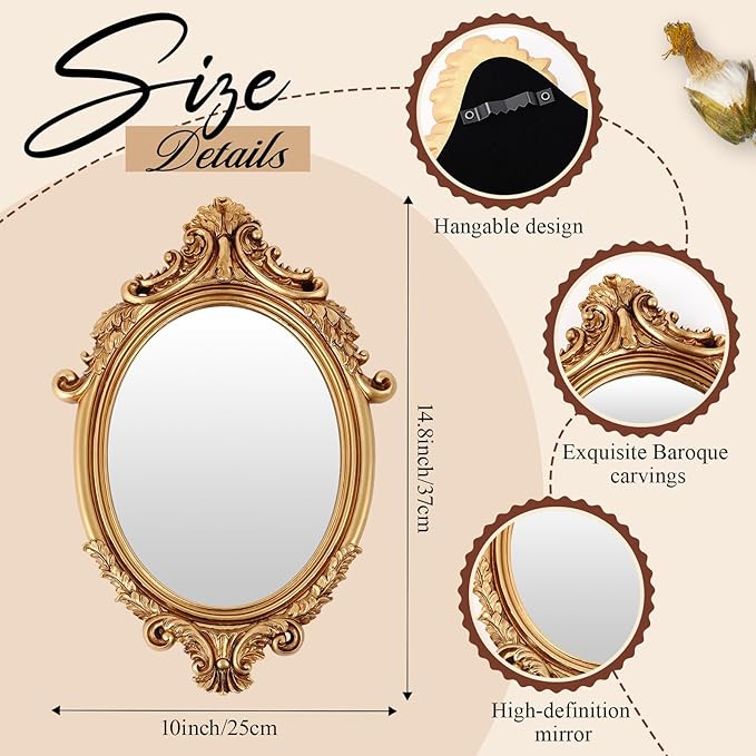 Wonderjune 5 Pcs Vintage Gold Mirror Set for Wall Decorative Resin Frame Ornate Antique Hanging and Tabletop Mirror for Home Dresser Gallery Decor Photography Props Gift (Baroque Style)