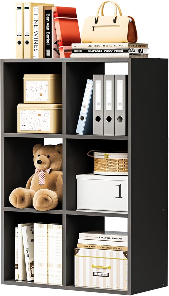 COMHOMA 6 Wood Cube Storage Organizer with Open Back and Removable Back Panels, 11In Black Cube Storage Bookshelf, Cubicle Shelf Bookcase for Home Office Bedroom Living Room, Vertical or Horizontal