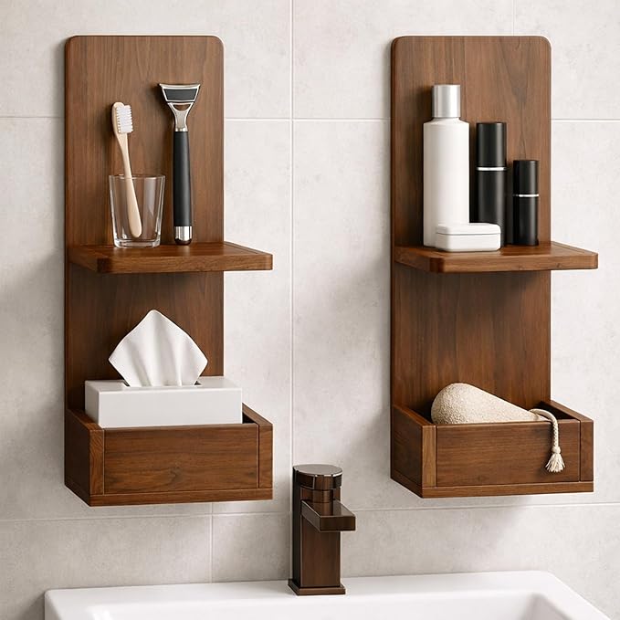 2-Tier Walnut Floating Wall Shelf, 20x8x6 Wall-Mounted Wooden Beside Shelf/Nightstand for Home Décor, Plants, Cosmetics, Bathroom, Kitchen, Bedroom Storage (Walnut with Box)