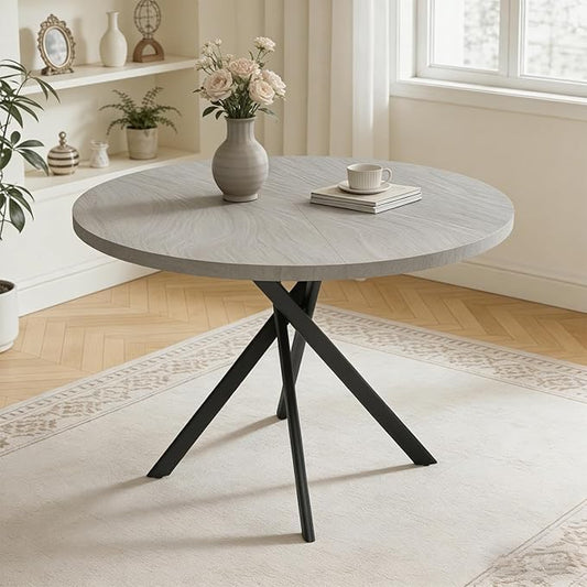 44" Round Dining Table for 4, Modern Mid-Century Dining Kitchen Table of 4, Cozy Dinette Round Table with Metal Leg for Kitchen Dining Room Apartment, Gray