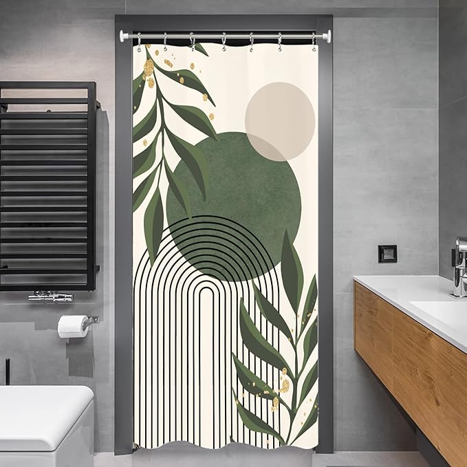 Miyotaa Stall Abstract Sage Green Shower Curtain Set 36Wx71H Inches Minimalist Aesthetic Modern Small Half Contemporary Plant Leaves Polyester Waterproof Cloth Bathroom Curtain with 12 Hooks