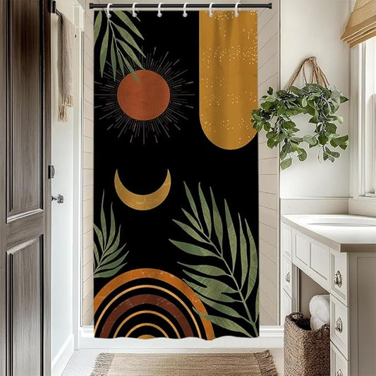 Black Mid Century Boho Shower Curtain for Bathroom Green Leaves Arch Sun Moon Shower Curtains Bohemian Abstract Bathroom Decor Set Washable Waterproof Polyester Fabric with Hooks 36x72 Inch