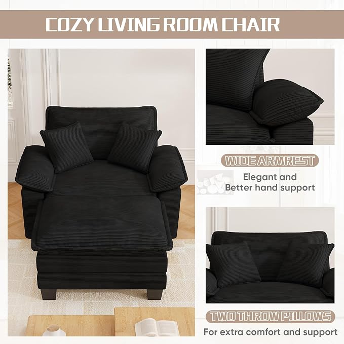 Chaise Lounge Chair Indoor, Oversized Accent Chairs with Ottoman, Luxury Corduroy Upholstered Deep Seat Sleeper Sofa Reading Chairs and A Half with Pillows for Living Room, Bedroom, Apartment, Black