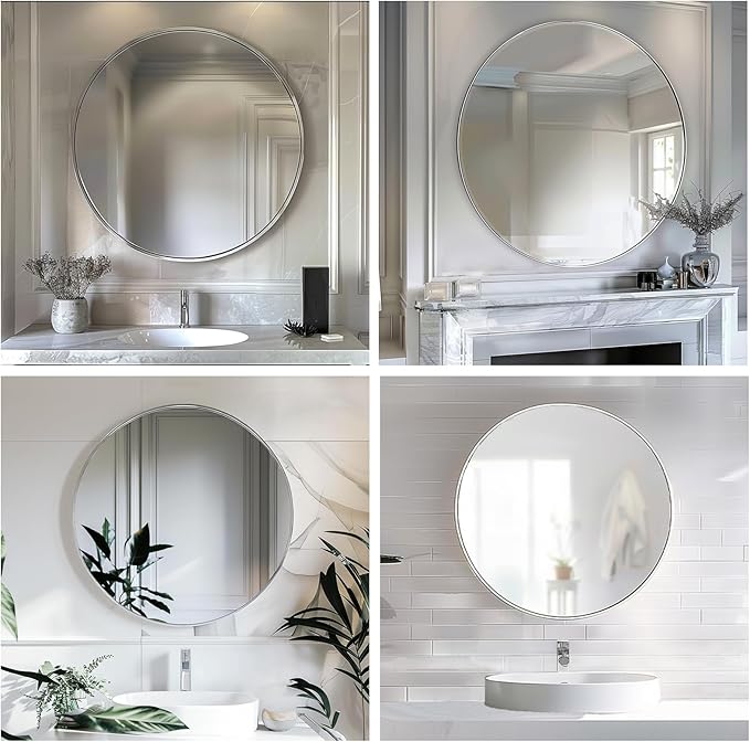 Sunniry Silver Round Mirror 30 inch, Round Bathroom Mirror, Silver Circle Mirrors with Brushed Aluminum Frame, Circle Wall Mirrors for Bathroom, Living Room, Hallway, Bedroom.