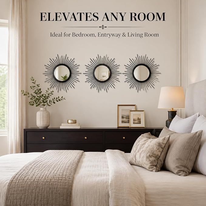 Black Sunburst Mirror Set of 3, 3PCS Metal Round Decorative Wall Mirrors, Starburst Accent Mirror Wall Decor for Living Room, Entryway, Bedroom & Hallway