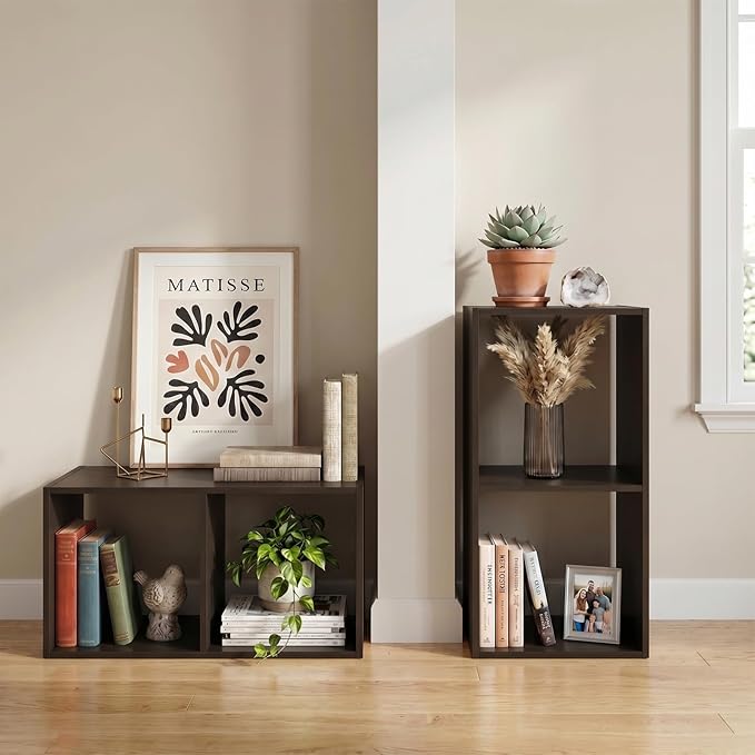 2026 Wooden 2 Cube Shelf Storage Organizer with Anti-Tipping Kits + Reversible Open Back Solid Panel Bookcase (11 x 11 Unit Cell Chocolate)