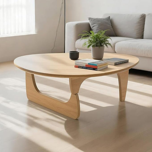 Solid Wooden Modern Triangle Coffee Table: Unique Funky Coffee Tables for Living Room, Oval Mid-Century Irregular Abstract Tea Tables for Patio Office Balcony Bedroom (Natural, 33" L x 22" W x 16" H)