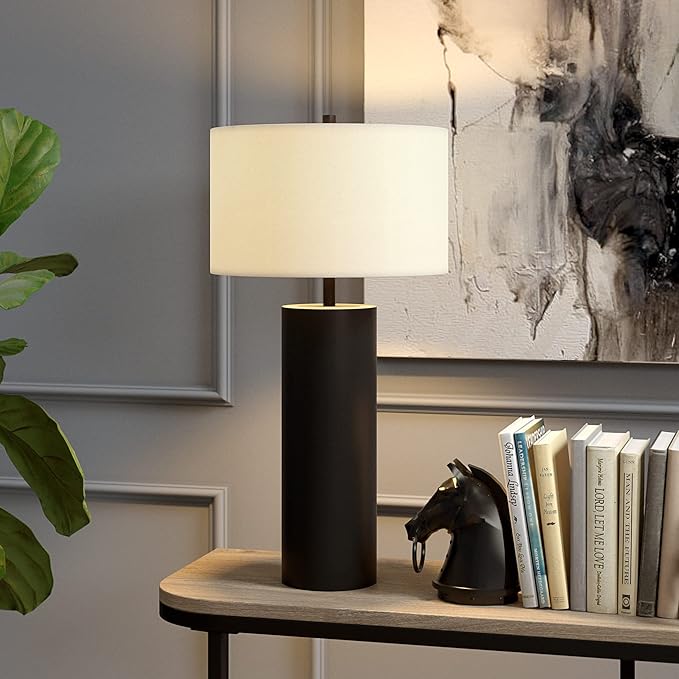 Henn&Hart 29.5" Mid-Century Modern 1-Light Table Lamp with White Fabric Drum Shade for Living Room, Bedroom, or Office, Black