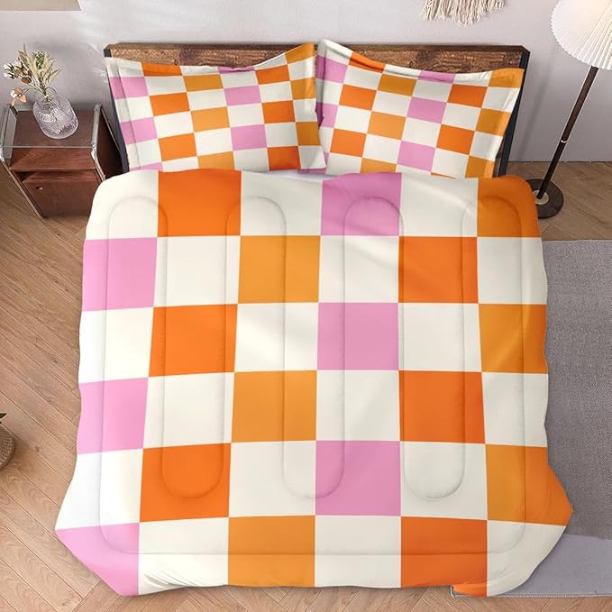 Comforter Set with 2 Pillowcases King Size, Pink Orange Plaid Buffalo Checkered, Bed Decor Hippie Retro 70s Geometric Checkerboard Grid for Kids and Adults, Soft Cozy Bedroom Bedding Set