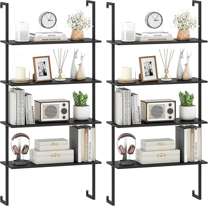 Tangkula 4-Tier Wall-Mounted Bookshelf, Industrial Modern Floating Storage Display Shelves with Metal Frame, Wall-Mounted Ladder Wooden Bookcase for Living Room, Kitchen, Bar, Office (2, Black)