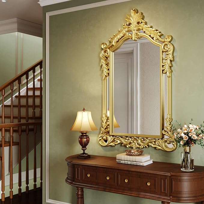 Large Gold Mirror for Wall Decor 30"x47" Vanity Antique Baroque Ornate Wall Mirrors Victorian Arched Mirror for Bathroom, Living Room, Entryway, Fireplace, Bedroom