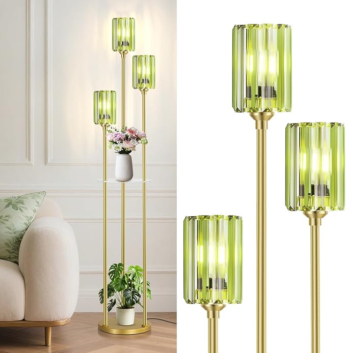 Crystal Floor Lamps for Living Room, Glass Modern Floor Lamp with Shelves, Mid Century Standing Lamps with Table, Brass Tall Lamp with Crystal Shade Vintage Retro Corner Floor Lamp (Green Cystal Gold)