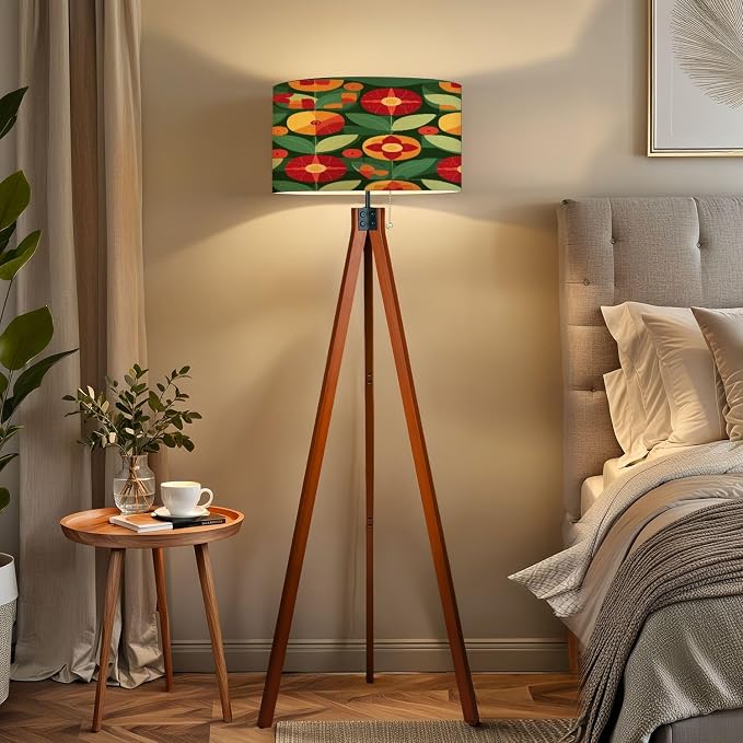 Wood Tripod Floor Lamp Flowers leaves nature Abstract geometric seamless Decorative ornament Mid Century Standing Lamp Linen Shade Dimmable Modern Tall lamp Home Decor for Living Room Bedroom Office