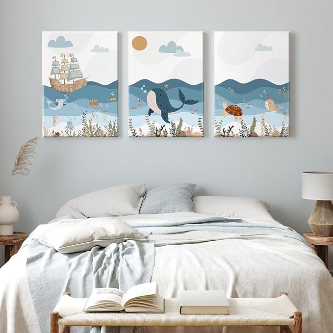 Ocean Nursery Wall Art Pictures Blue Nautical Canvas Art Beach Animal Wall Decor Baby Boys Room Wall Art Sea Whale Prints Ocean Nautical Poster for Nursery Baby Room 16x24 Inch Set of 3 Framed